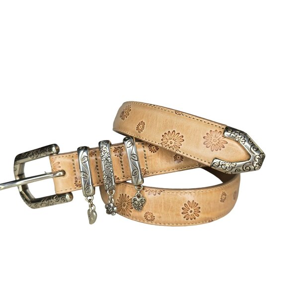 Brighton Floral Embossed Leather Belt With Silver-Tone Accents & Charms Size M - Picture 2 of 9